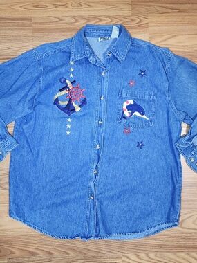 PTNY Vintage Long Sleeve Button Down Nautical Embroidered Denim Shirt. Size L